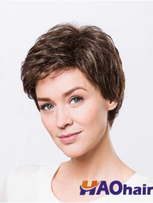 Brown Boycuts Short 8  inchWavy Synthetic Ladies Monofilament Wigs