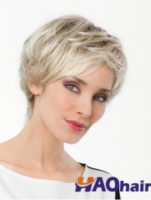 Platine Blonde Boycuts Court 8  inchDroite Synthétique Monofilament Perruque Vente