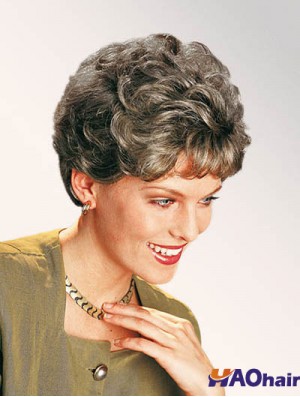 Perruque courte classique en dentelle synthétique bouclée grise de 7 po