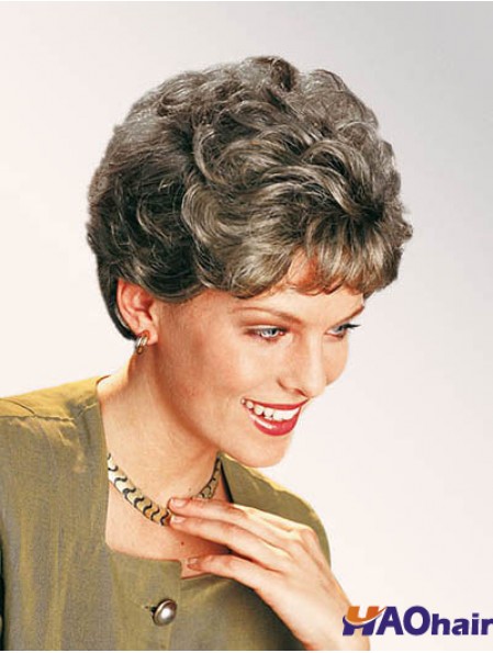 Perruque courte classique en dentelle synthétique bouclée grise de 7 po