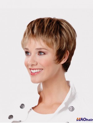 Capless synthétique 8 pouces coupe les perruques brunes droites pour les cheveux courts
