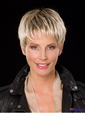 Straight Boycuts Capless 6 pouces Platinum Blonde Cropped Perruques synthétiques bon marché