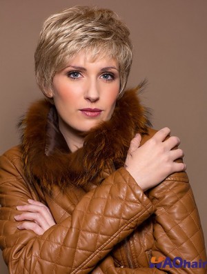 100% synthétique noué à la main 5  inchrecadrée droite blonde perruques de boycuts pour le cancer