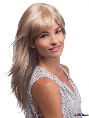 Perruque longue blonde avec frange style droit synthétique monofilament