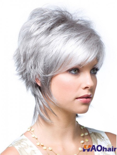 Pas cher dames gris perruques style ondulé courte longueur avec dentelle devant