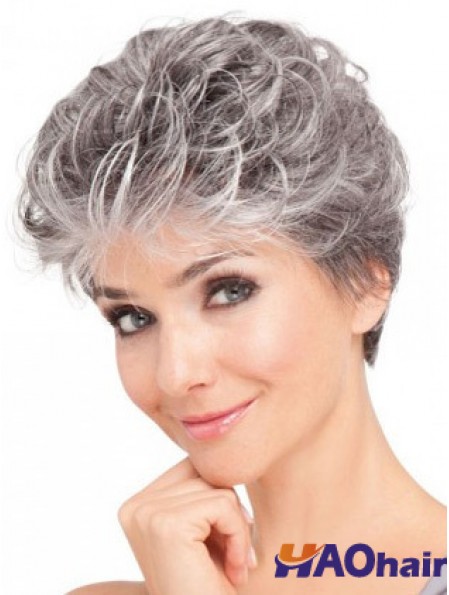 Avant de lacet synthétique gris court ondulé perruques de cheveux de dame âgée