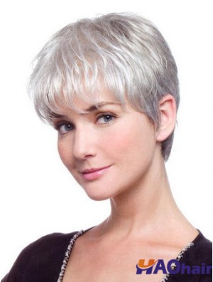 Perruque de cheveux gris avec dentelle synthétique avant gris coupe droite Style