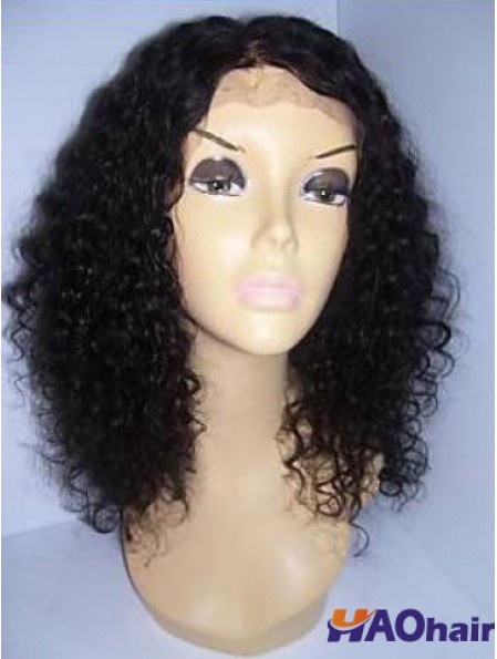Cheveux noirs bouclés de longueur d'épaule de couleur noire avec des perruques avant de dentelle pour les femmes afro-américaines noires