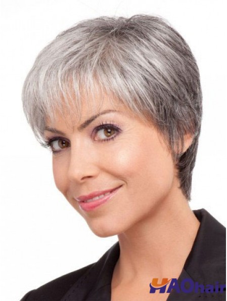 Perruques pour cheveux gris dame âgée avec coupe courte synthétique gris