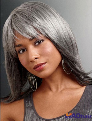 Perruques pour la dame plus âgée UK avec coupe droite gris devant en dentelle