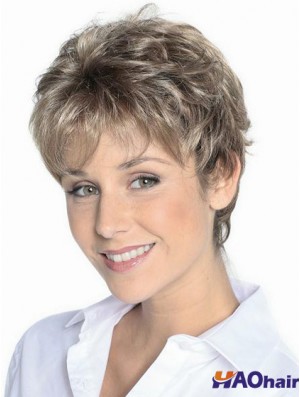 Perruques Cheveux Gris Courte Couleur Brun Longueur Courte Style Ondulé