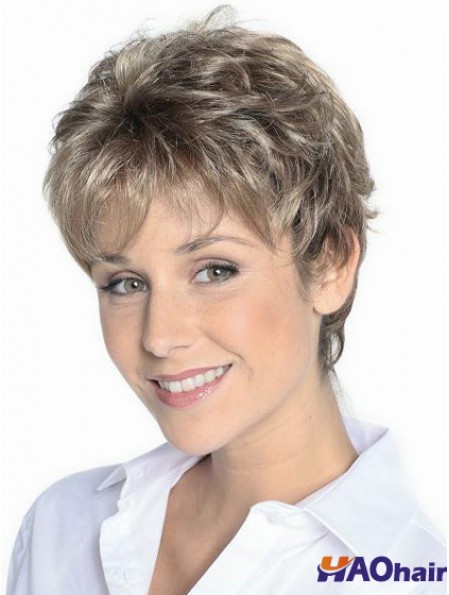 Perruques Cheveux Gris Courte Couleur Brun Longueur Courte Style Ondulé