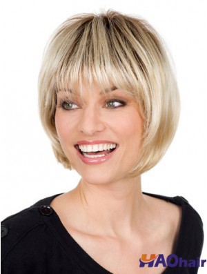 Perruque blonde en monofilament avec une longueur de menton de style droit