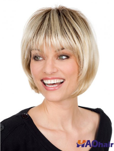 Perruque blonde en monofilament avec une longueur de menton de style droit