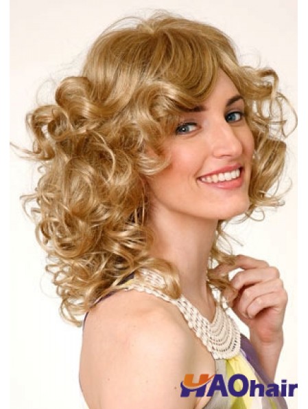 Layered Blonde Curly Shoulder Length 16 pouces Perruques moyennes durables