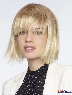 Avec Bangs Blonde Longueur de menton droite 10 pouces Perruques moyennes exquises