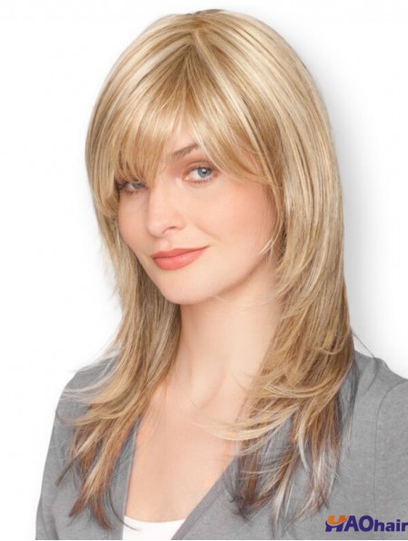 Blonde 16  inchélégante longue ligne droite avec des perruques en dentelle Bangs