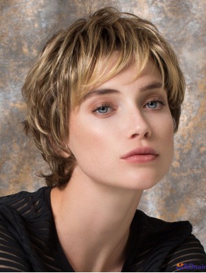 Perruques courtes blondes superposées ondulées de 8 po