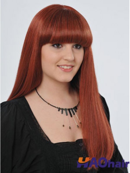 22  inchrouge longue ligne droite avec frange monofilament perruques de cheveux réels