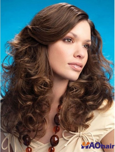 Curly Layered Long Brown Perruques abordables en dentelle sur le devant