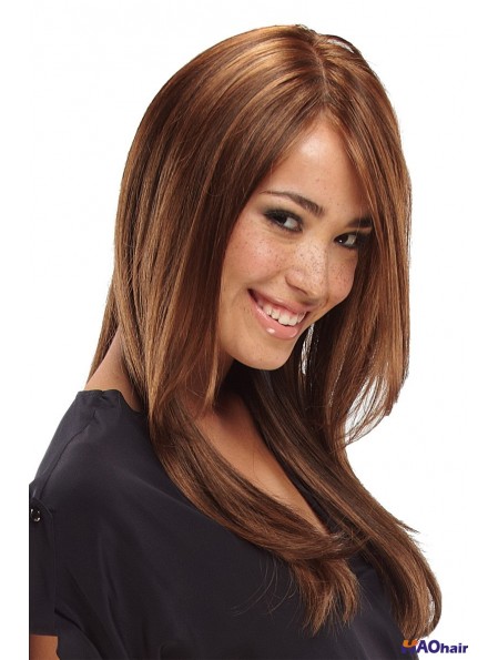 Parfait brun long avec une frange droite sans colle perruques avant en dentelle