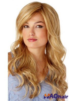 Blonde élégante ondulée avec des perruques longues en frange monofilament