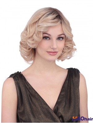 Longueur de menton bouclée avec des franges Fabuleuses perruques avant en dentelle blonde