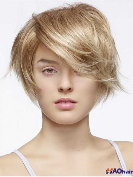 Perruques 100% nouées à la main à la mode blonde en couches courtes