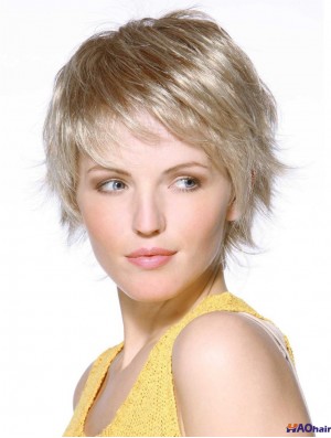 Perruques de dames monofilament blond synthétique longueur de menton ondulé Boycuts