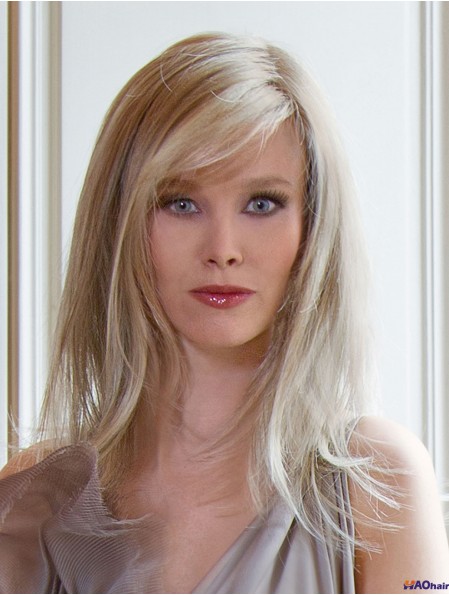 Longue ligne droite avec frange Blonde élégante 100% perruques nouées à la main