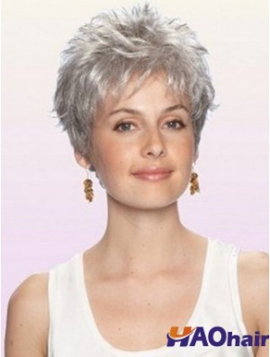 Perruque grise avec longueur recadrée sans bonnet Boycuts Style ondulé