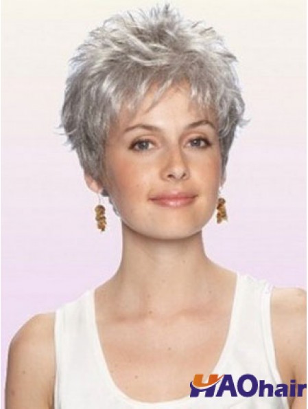 Perruque grise avec longueur recadrée sans bonnet Boycuts Style ondulé