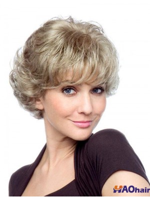 Bouclés avec des franges courtes perruques synthétiques blondes abordables
