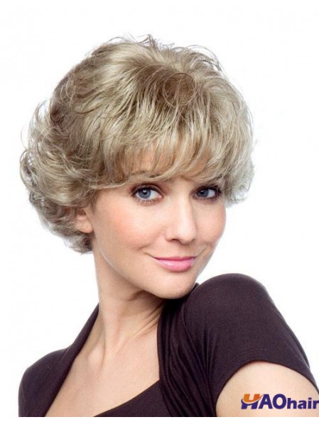 Bouclés avec des franges courtes perruques synthétiques blondes abordables