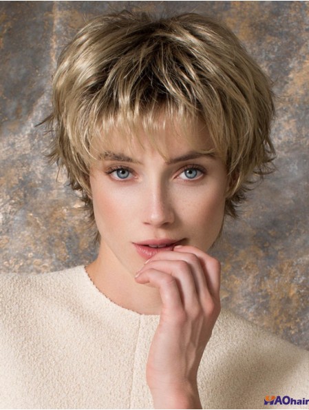Perruques courtes blondes en couches droites de 8 pouces