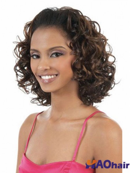 Perruque demi-capless marron synthétique épaule ondulée