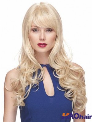 Perruques Blondes Avec Frange Synthétique Style Capless Ondulé Longue Longueur