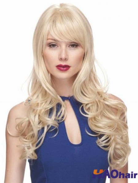 Perruques Blondes Avec Frange Synthétique Style Capless Ondulé Longue Longueur