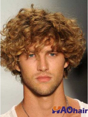 Blonde 8 pouces Remy cheveux humains bouclés en couches capless hommes perruques