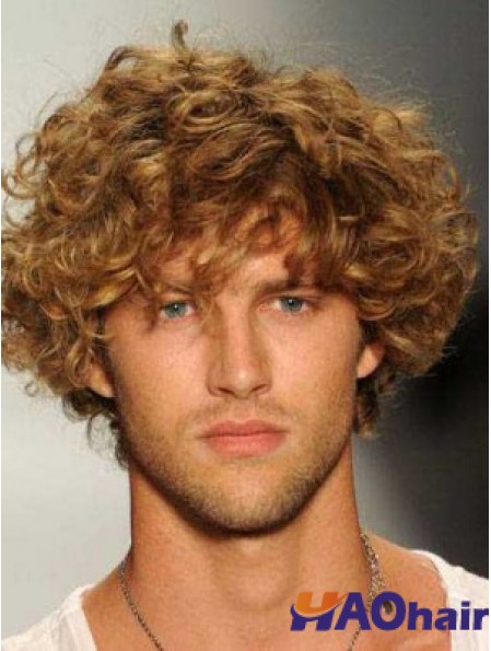 Blonde 8 pouces Remy cheveux humains bouclés en couches capless hommes perruques