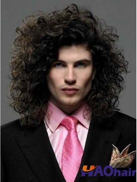 Noir synthétique avant de lacet 14  inchperruques de cheveux longs bouclés pour les hommes