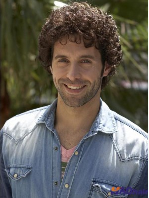 8 pouces Remy Human Curly Capless Mens court brun bouclé perruque