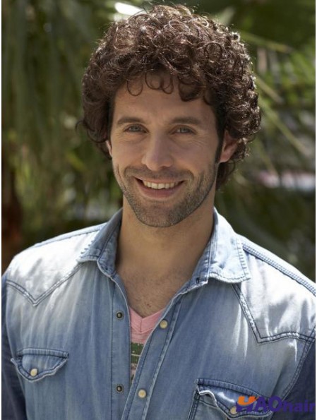 8 pouces Remy Human Curly Capless Mens court brun bouclé perruque