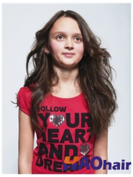 Perruques Enfants Ondulées Longues Cheveux Bruns Rémy Avant de Lacet
