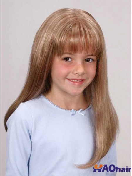 Perruques d'enfants droites longues en dentelle synthétique avant blonde