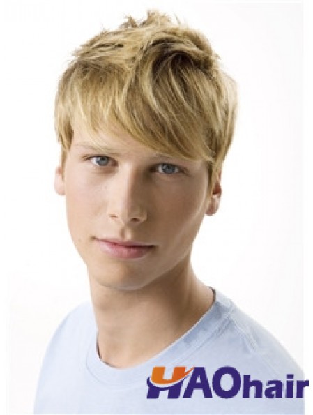 Perruques blondes ondulées courtes 100% nouées à la main pour hommes de Remy