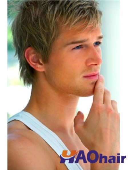 Cropped Straight 100% Hand Tied Brown Mens Wigs Cheveux humains