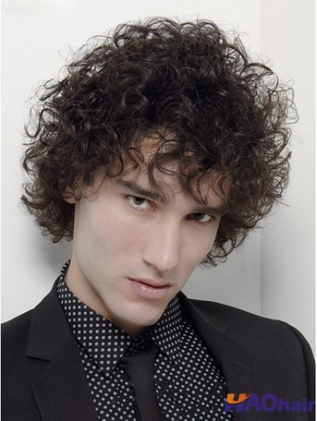 Capless Curly 6 pouces synthétique court Mans noir perruque bouclée