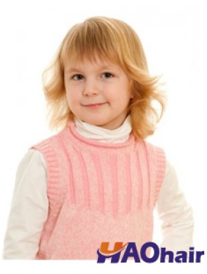 Ondulé Longueur d'épaule Blonde Remy Cheveux Humains 100% Noué À La Main Enfants Perruques