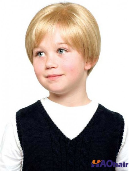 Perruques d'enfants droites courtes en dentelle synthétique avant blonde